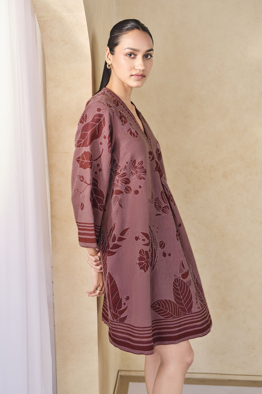 Rhubarb Hand-embroidered Kantha Linen Dress - Pink, Pink, image 6
